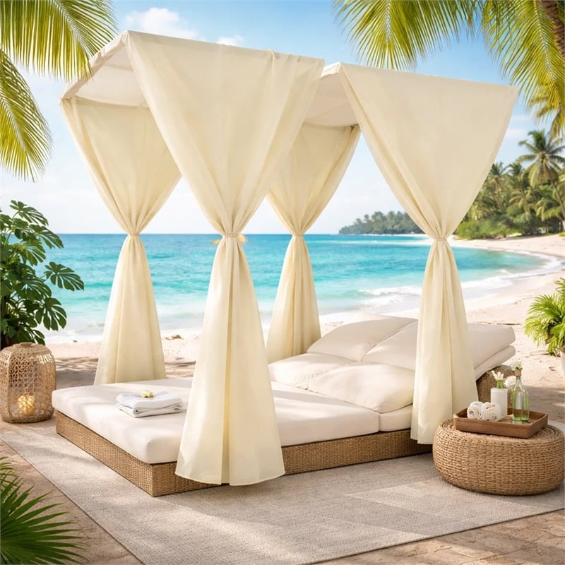 Benjara Yavi Outdoor Daybed Curtain and Cushion Set- Cream Waterproof Fabric