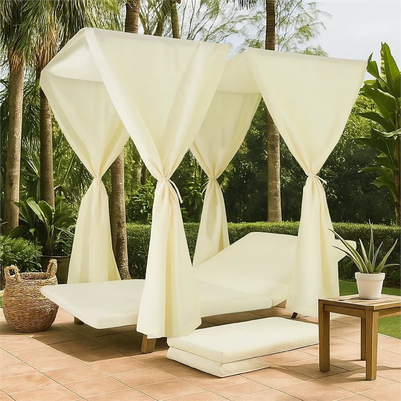 Benjara Yavi Outdoor Daybed Curtain and Cushion Set- Cream Waterproof Fabric