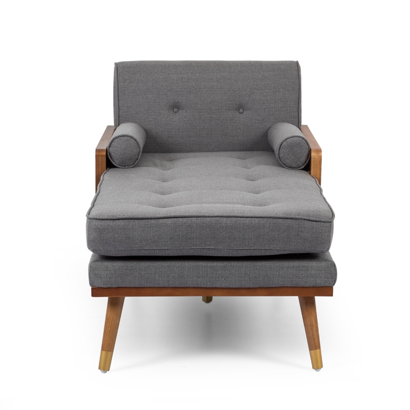Benjara Javie Chaise Lounger- Splayed Rubberwood Legs- Button Tufted Gray