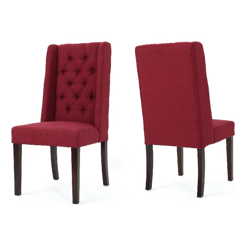 Benjara Greg Dining Chair Set of 2- High Wingback- Birch Wood- Red Fabric