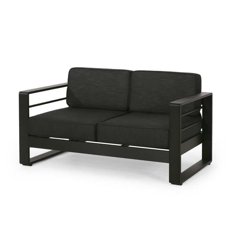 Benjara Besy Outdoor Loveseat- Black Cushion and Square Metal Frame- 57