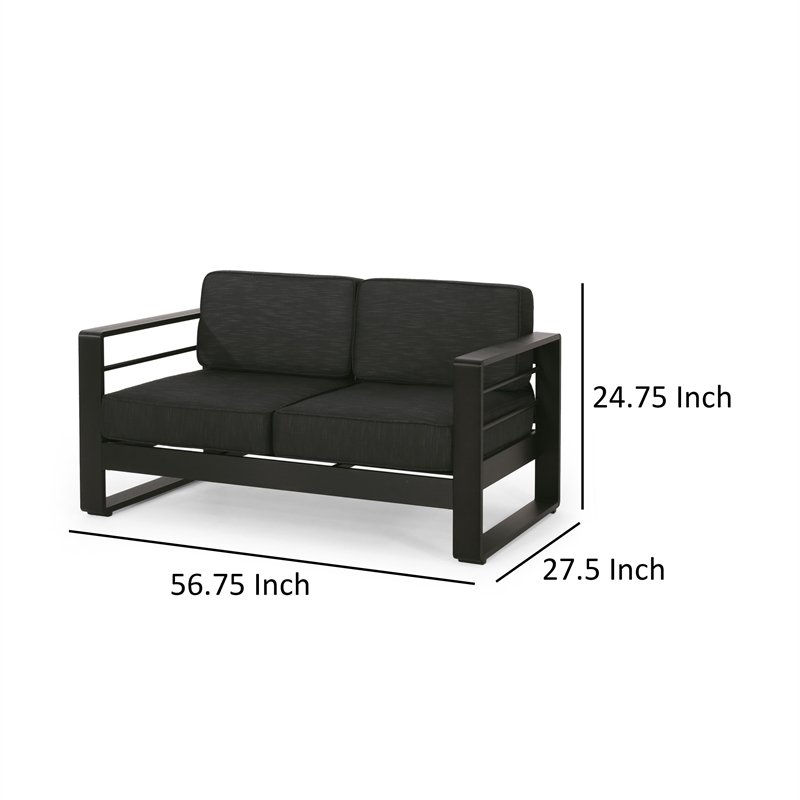 Benjara Besy Outdoor Loveseat- Black Cushion and Square Metal Frame- 57
