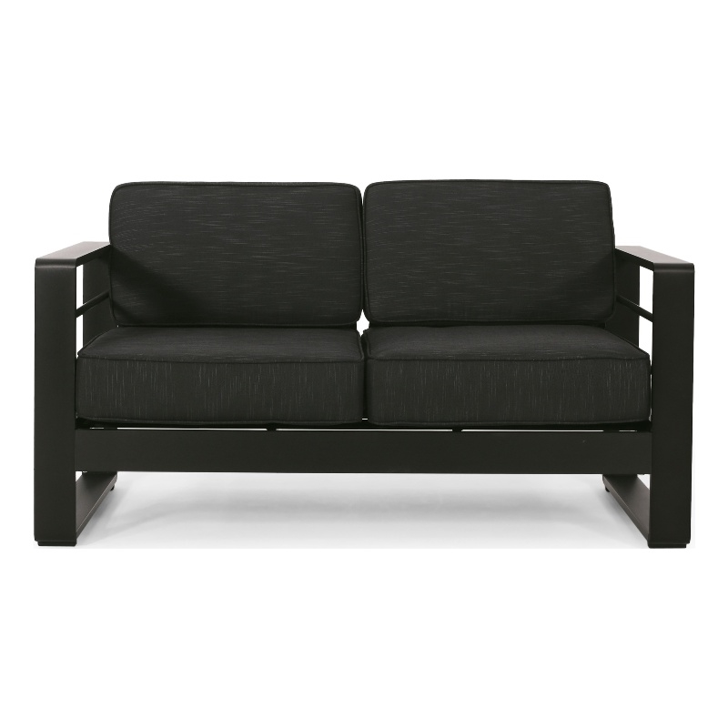 Benjara Besy Outdoor Loveseat- Black Cushion and Square Metal Frame- 57