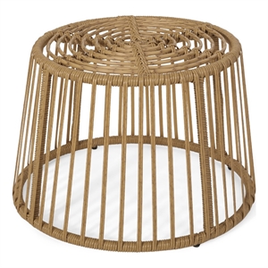 Benjara Laine Outdoor Side End Table- 20&quot Round Top- Brown Rope Woven Base