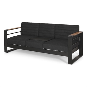 Benjara Vinia 3 Seater Outdoor Sofa- Plush Cushions- 77&quot Black Aluminum