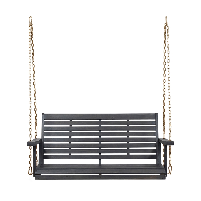 Benjara Mania Porch Swing Bench with Hanging Chain- Slatted Gray Acacia Wood