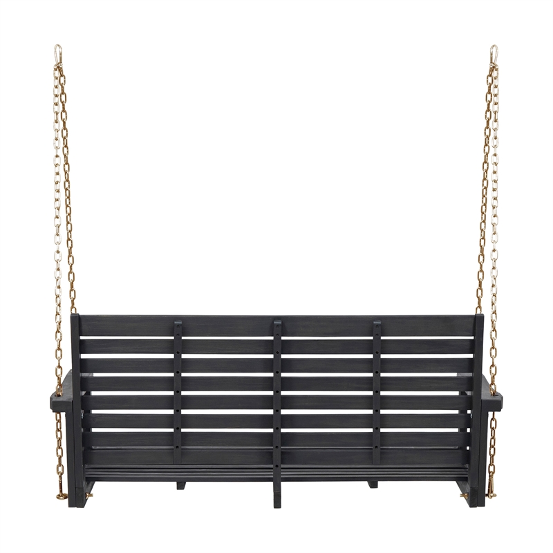 Benjara Mania Porch Swing Bench with Hanging Chain- Slatted Gray Acacia Wood