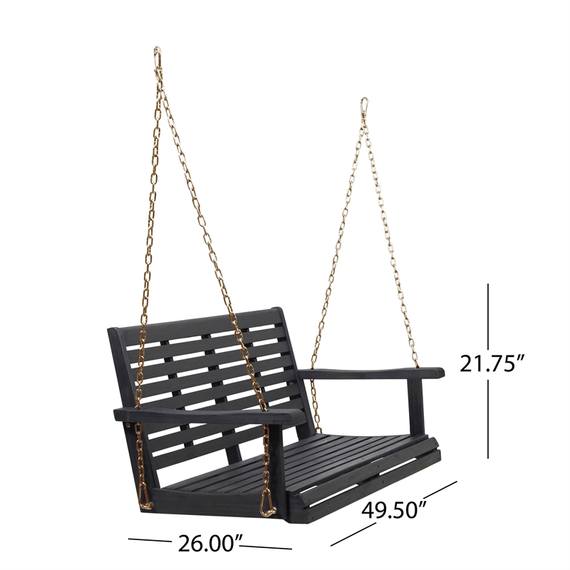 Benjara Mania Porch Swing Bench with Hanging Chain- Slatted Gray Acacia Wood