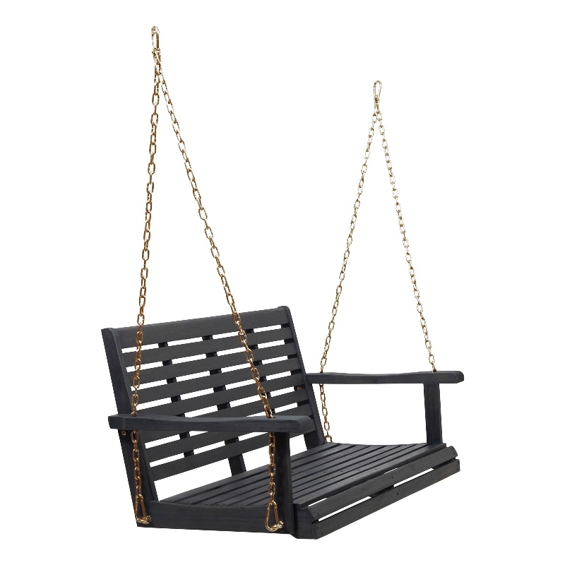 Benjara Mania Porch Swing Bench with Hanging Chain- Slatted Gray Acacia Wood