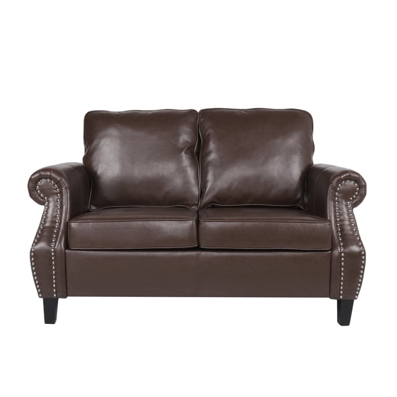 Benjara Zika Loveseat- Nailhead Trim Dark Brown Faux Leather- 59 Inch