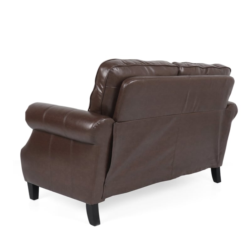 Benjara Zika Loveseat- Nailhead Trim Dark Brown Faux Leather- 59 Inch