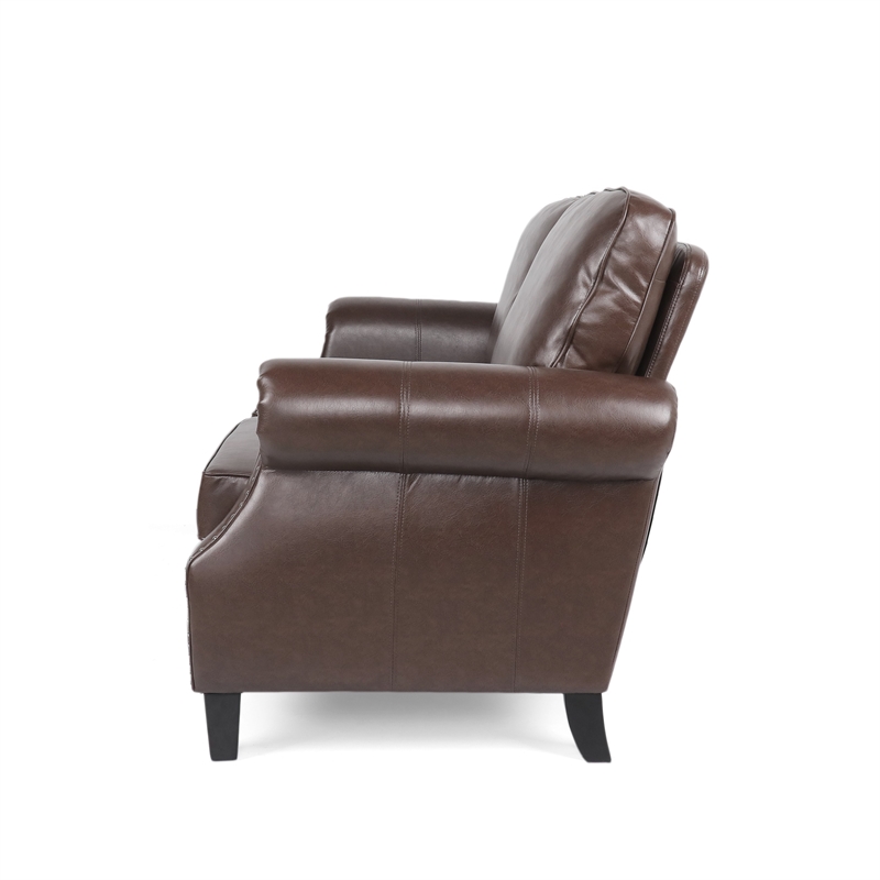 Benjara Zika Loveseat- Nailhead Trim Dark Brown Faux Leather- 59 Inch