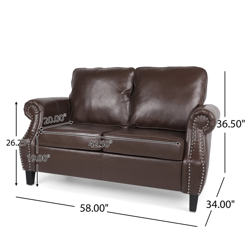 Benjara Zika Loveseat- Nailhead Trim Dark Brown Faux Leather- 59 Inch