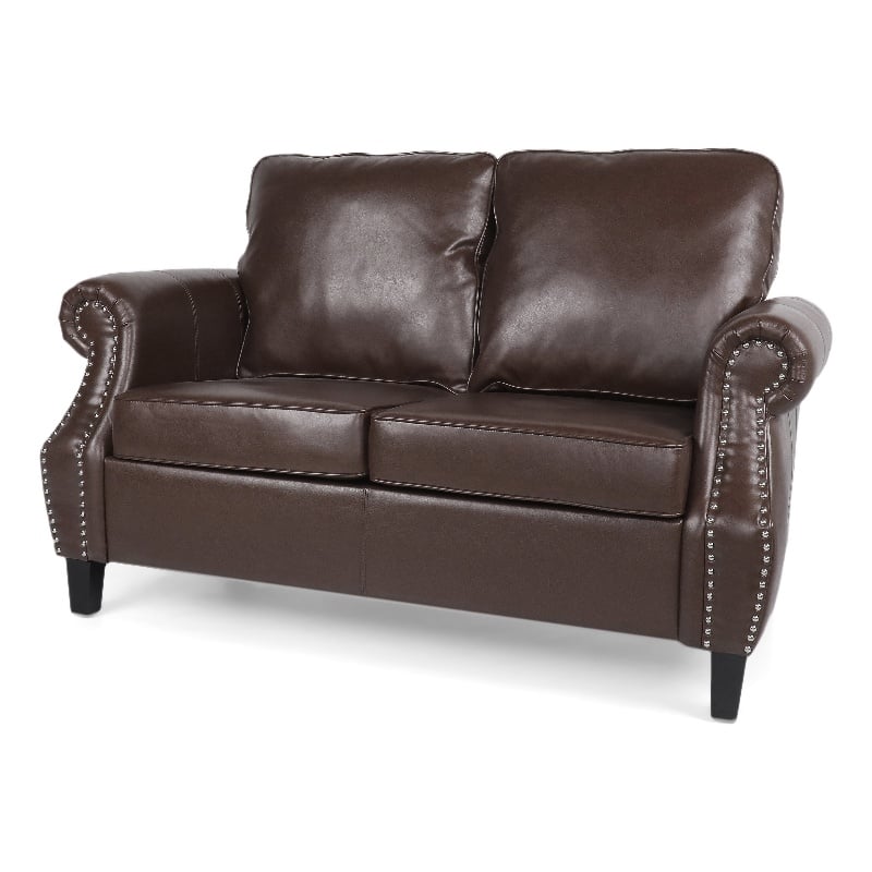 Benjara Zika Loveseat- Nailhead Trim Dark Brown Faux Leather- 59 Inch