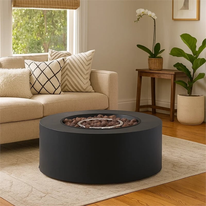 Benjara Outdoor Fire Pit- 40-000 BTUs Cutout Handles- Round Dark Gray Iron