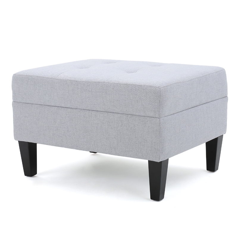 Benjara Ottoman- Light Gray Soft Cushioned Fabric- Black Wood Legs- 29 Inch