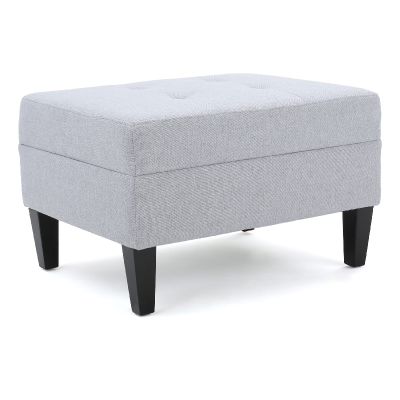 Benjara Ottoman- Light Gray Soft Cushioned Fabric- Black Wood Legs- 29 Inch