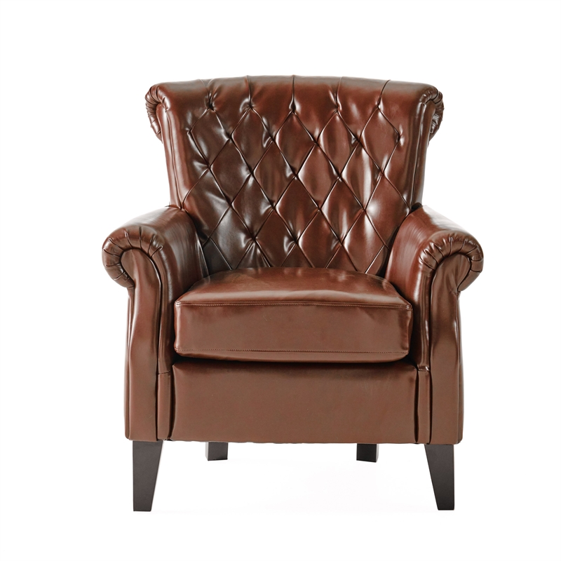 Benjara Ranlin Accent Club Chair- Tufted Chestnut Brown Leather- Wood 35 Inch