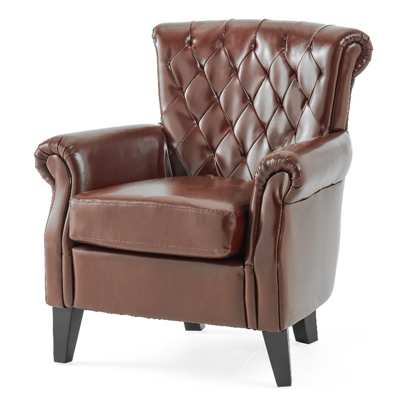 Benjara Ranlin Accent Club Chair- Tufted Chestnut Brown Leather- Wood 35 Inch