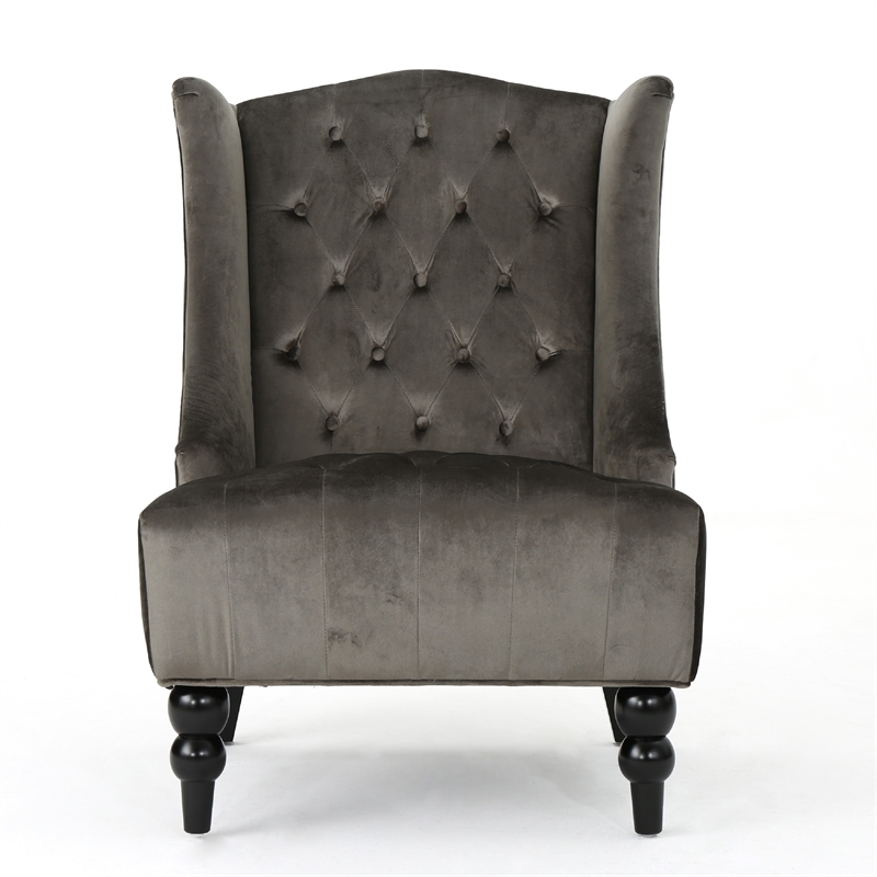 Benjara Tesy High Back Accent Club Chair- Gray Tufted Velvet- Black Wood Legs