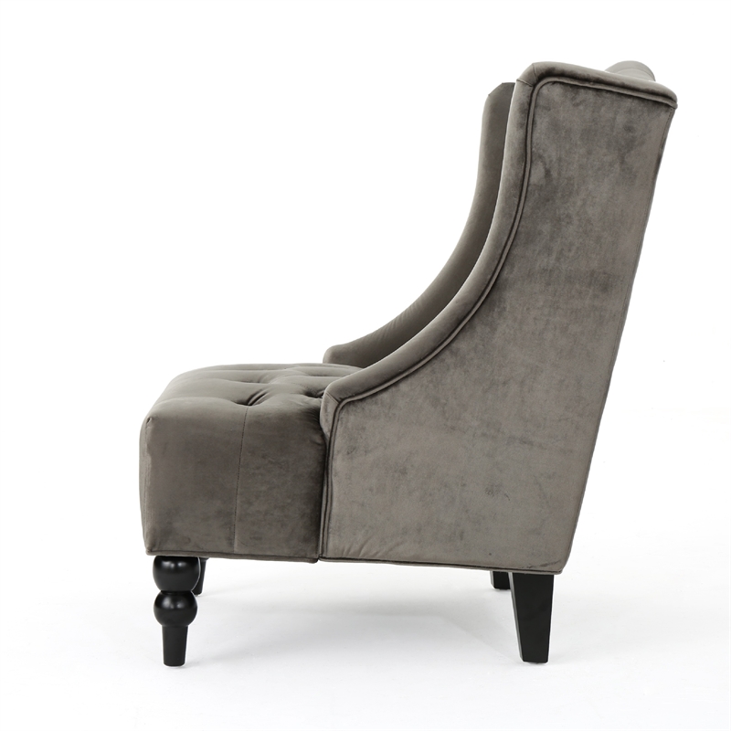 Benjara Tesy High Back Accent Club Chair- Gray Tufted Velvet- Black Wood Legs