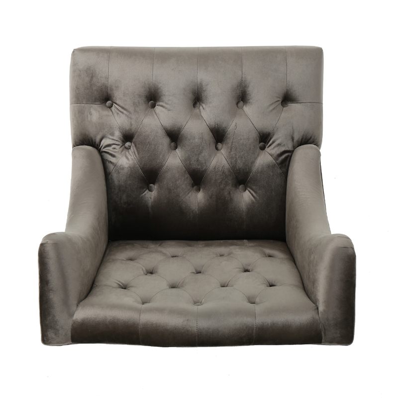 Benjara Tesy High Back Accent Club Chair- Gray Tufted Velvet- Black Wood Legs