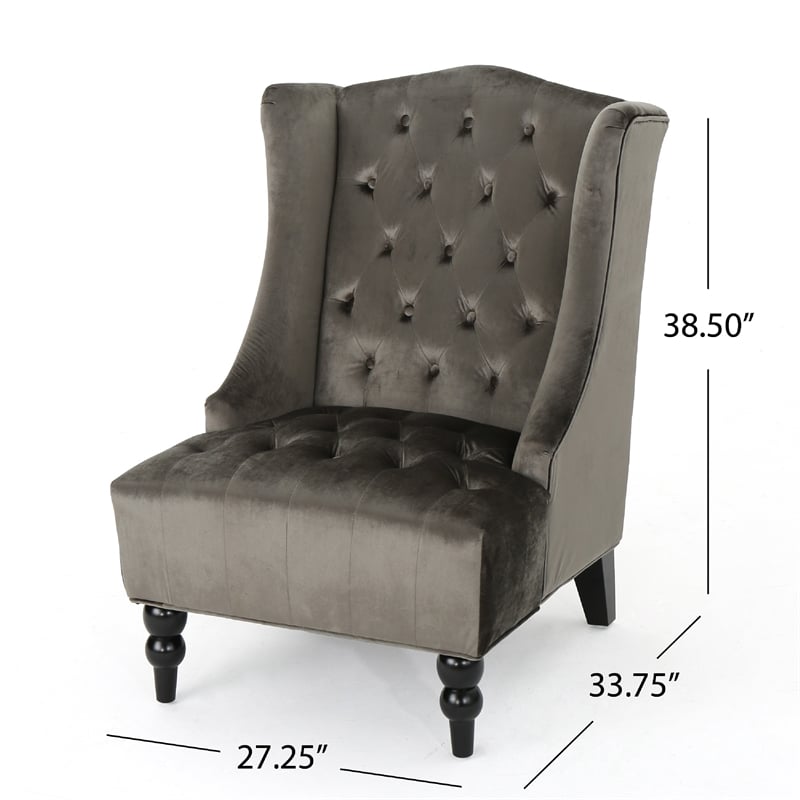 Benjara Tesy High Back Accent Club Chair- Gray Tufted Velvet- Black Wood Legs