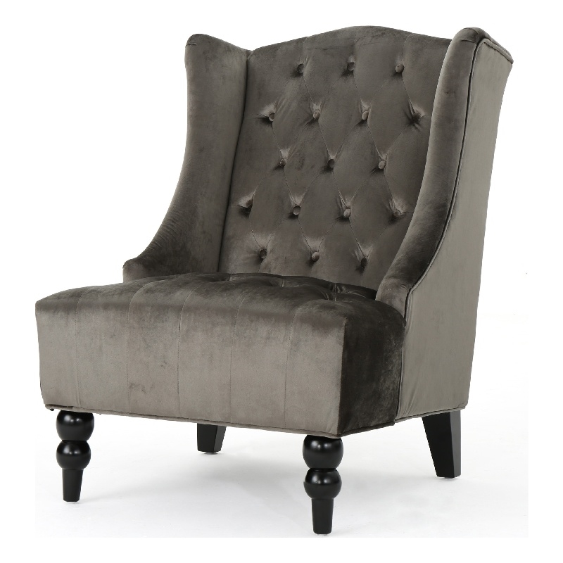 Benjara Tesy High Back Accent Club Chair- Gray Tufted Velvet- Black Wood Legs