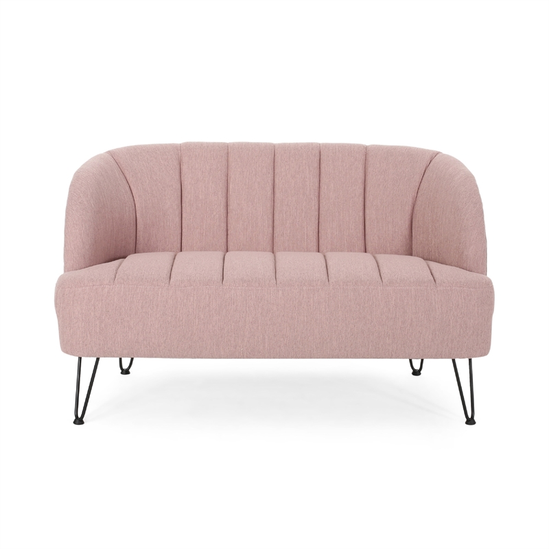 Benjara Buno Loveseat- Blush Pink Tufted Polyester- Metal Hairpin Legs 50 Inch