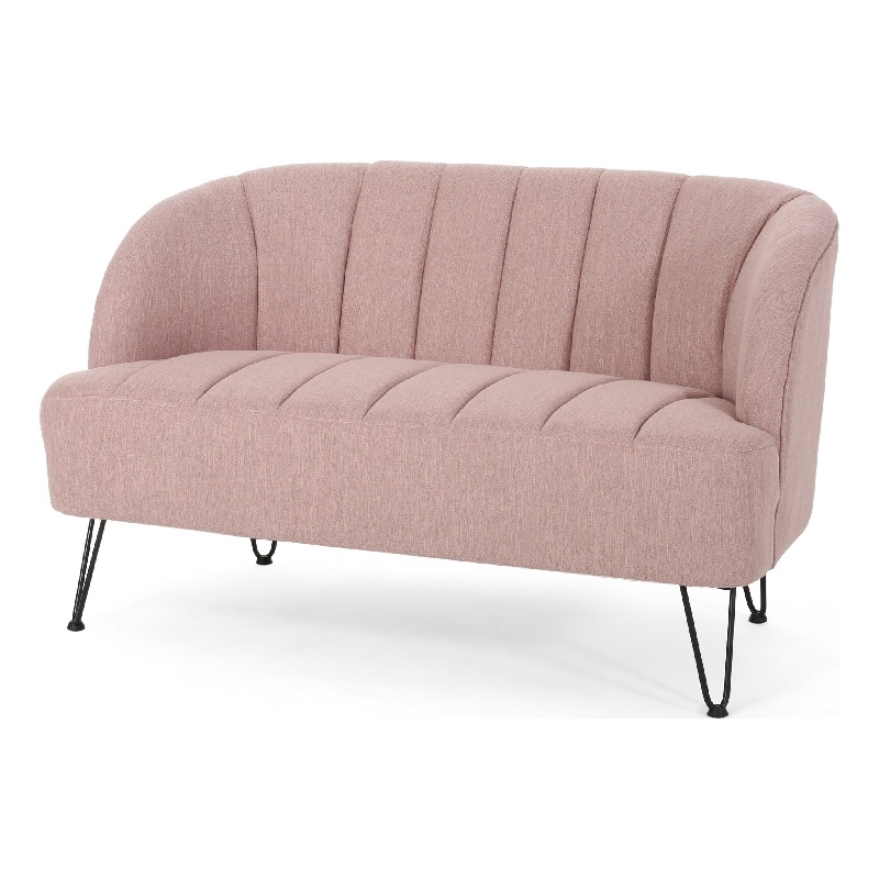 Benjara Buno Loveseat- Blush Pink Tufted Polyester- Metal Hairpin Legs 50 Inch