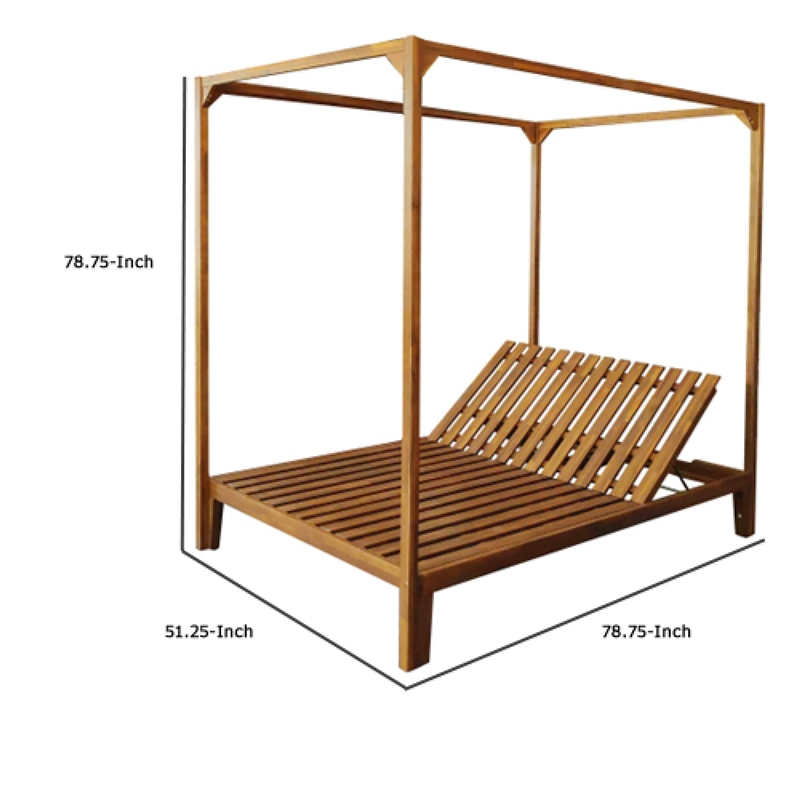 Benjara Yavi Outdoor Daybed Chaise- Adjustable Back- Brown Acacia Wood 79 Inch