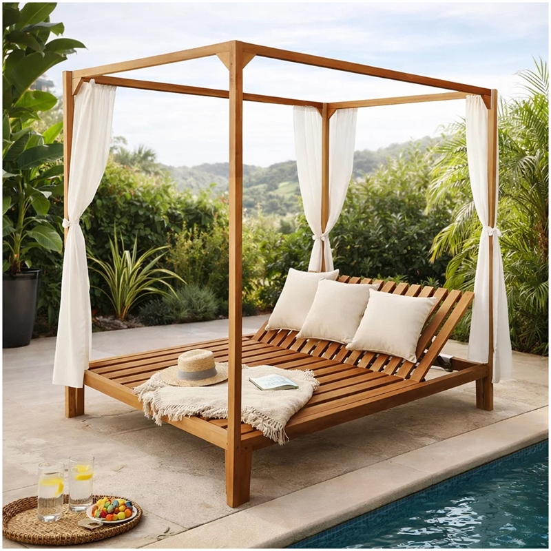 Benjara Yavi Outdoor Daybed Chaise- Adjustable Back- Brown Acacia Wood 79 Inch