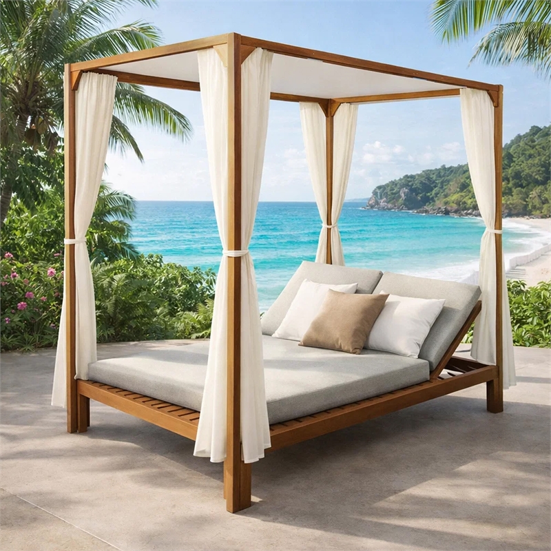 Benjara Yavi Outdoor Daybed Chaise- Adjustable Back- Brown Acacia Wood 79 Inch