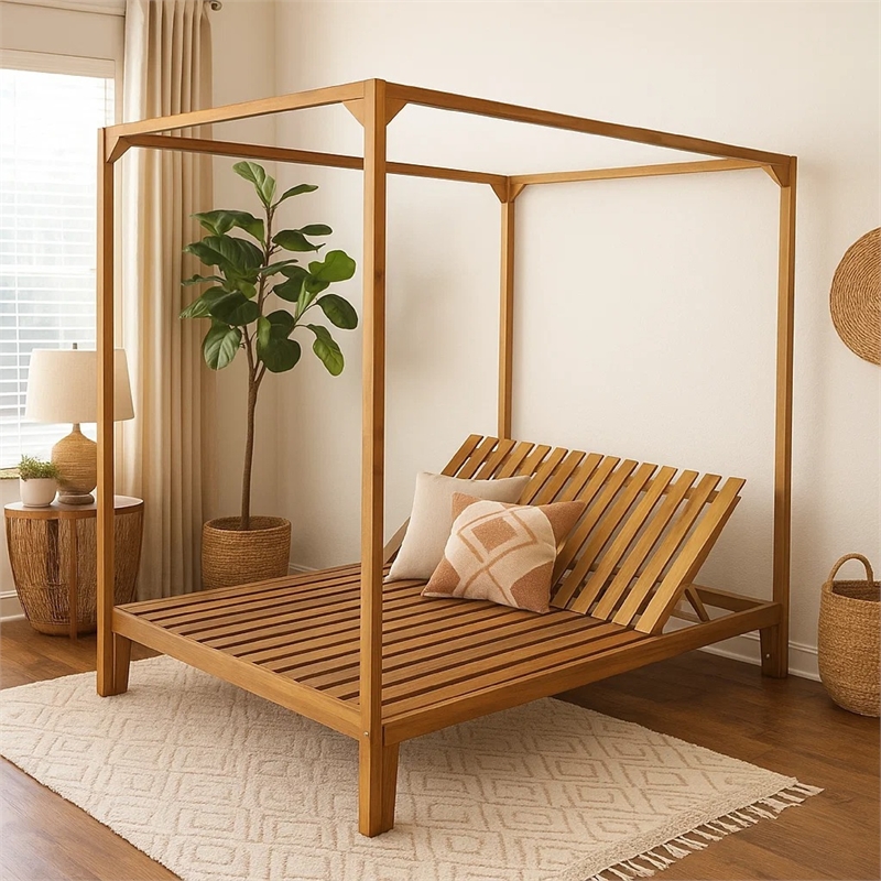 Benjara Yavi Outdoor Daybed Chaise- Adjustable Back- Brown Acacia Wood 79 Inch