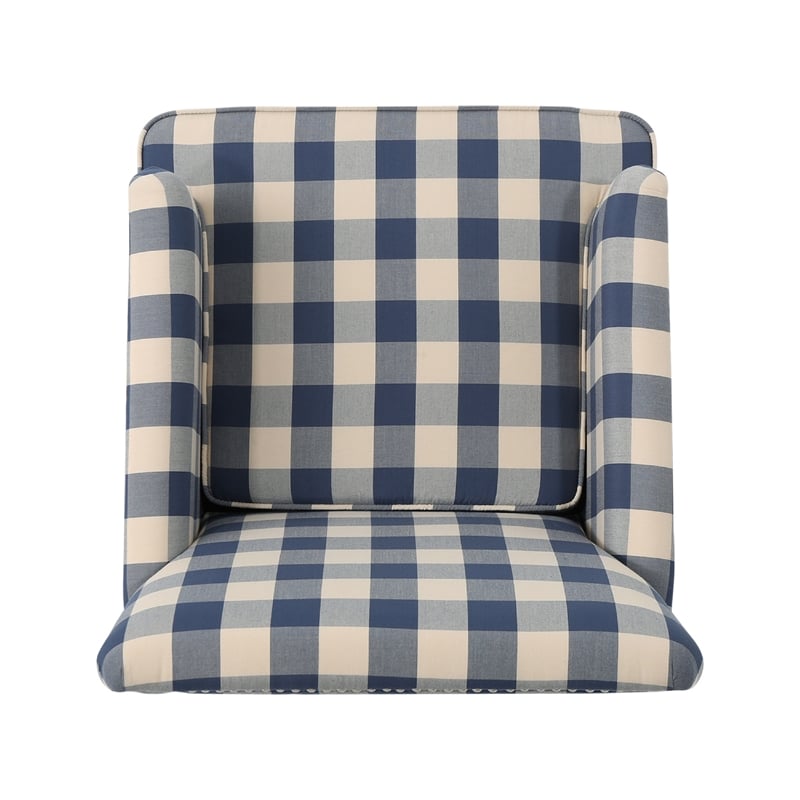 Benjara Lit Club Accent Chair with Turned Legs- Blue Black and Cream Fabric