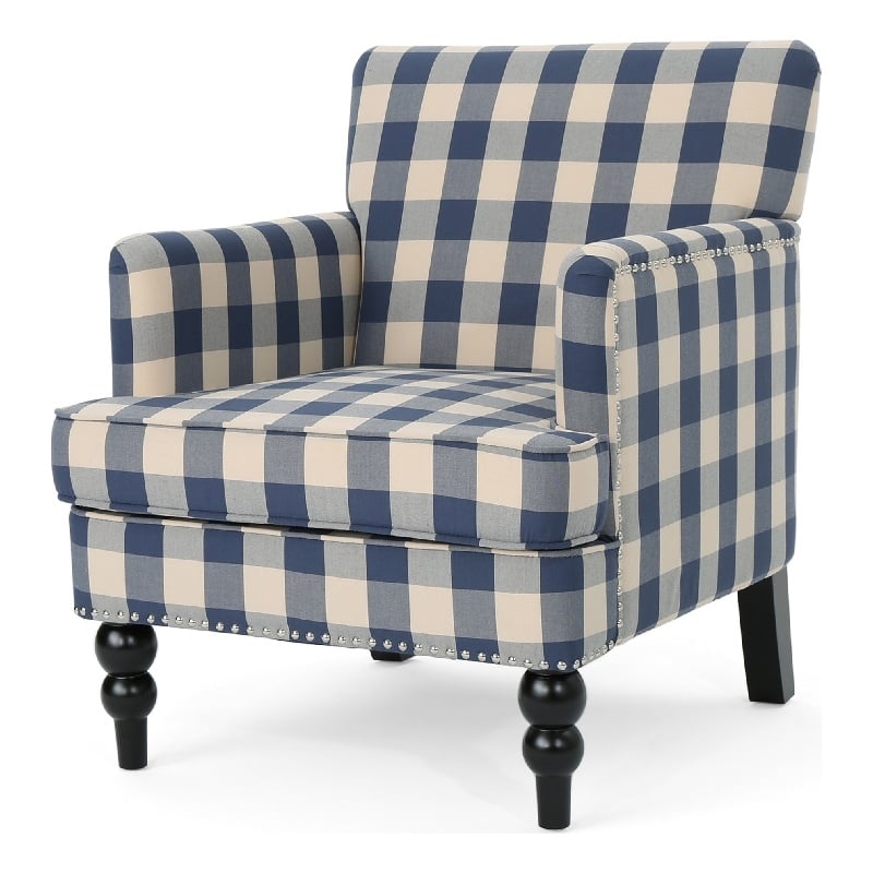 Benjara Lit Club Accent Chair with Turned Legs- Blue Black and Cream Fabric