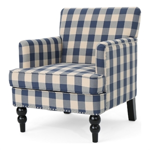 Benjara Lit Club Accent Chair with Turned Legs- Blue Black and Cream Fabric