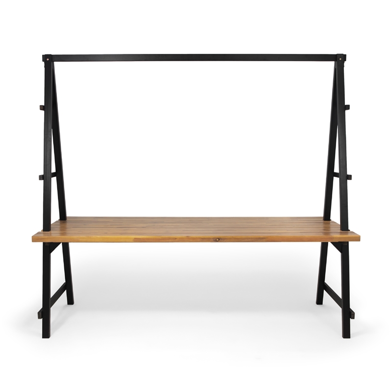 Benjara Jo Outdoor Pergola Table- Black Metal Frame- Slatted Teak Brown Wood