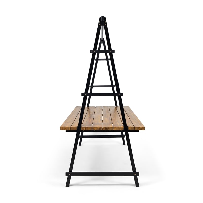 Benjara Jo Outdoor Pergola Table- Black Metal Frame- Slatted Teak Brown Wood