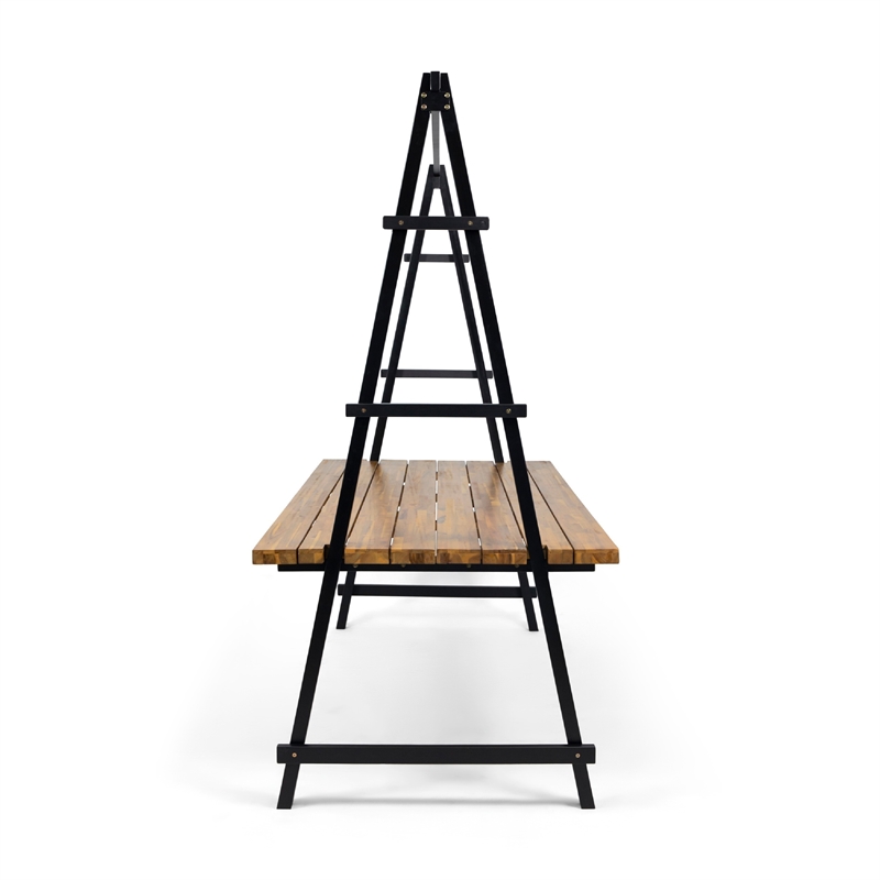 Benjara Jo Outdoor Pergola Table- Black Metal Frame- Slatted Teak Brown Wood