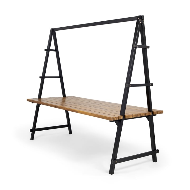Benjara Jo Outdoor Pergola Table- Black Metal Frame- Slatted Teak Brown Wood
