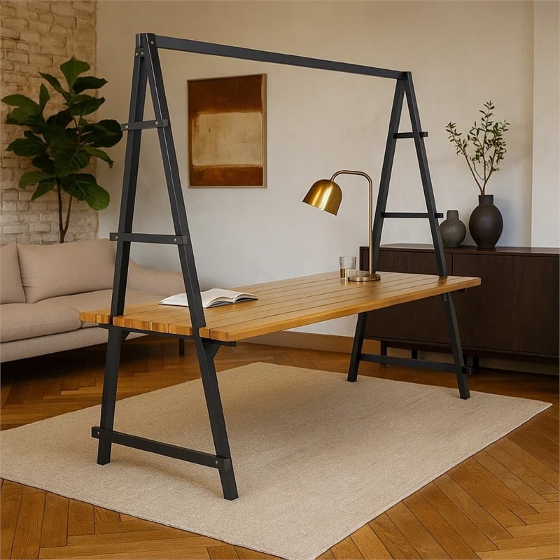 Benjara Jo Outdoor Pergola Table- Black Metal Frame- Slatted Teak Brown Wood