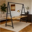 Benjara Jo Outdoor Pergola Table- Black Metal Frame- Slatted Teak Brown Wood