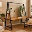 Benjara Jo Outdoor Pergola Table- Black Metal Frame- Slatted Teak Brown Wood