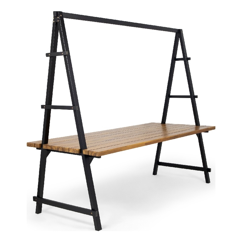Benjara Jo Outdoor Pergola Table- Black Metal Frame- Slatted Teak Brown Wood