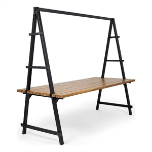 Benjara Jo Outdoor Pergola Table- Black Metal Frame- Slatted Teak Brown Wood