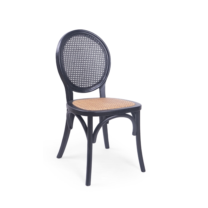Benjara Dining Chair Set of 2- Matte Black Rattan Woven Back and Brown Seat