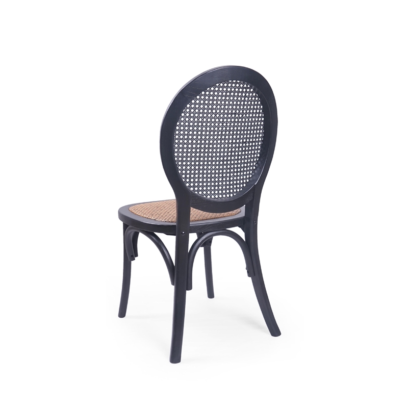 Benjara Dining Chair Set of 2- Matte Black Rattan Woven Back and Brown Seat