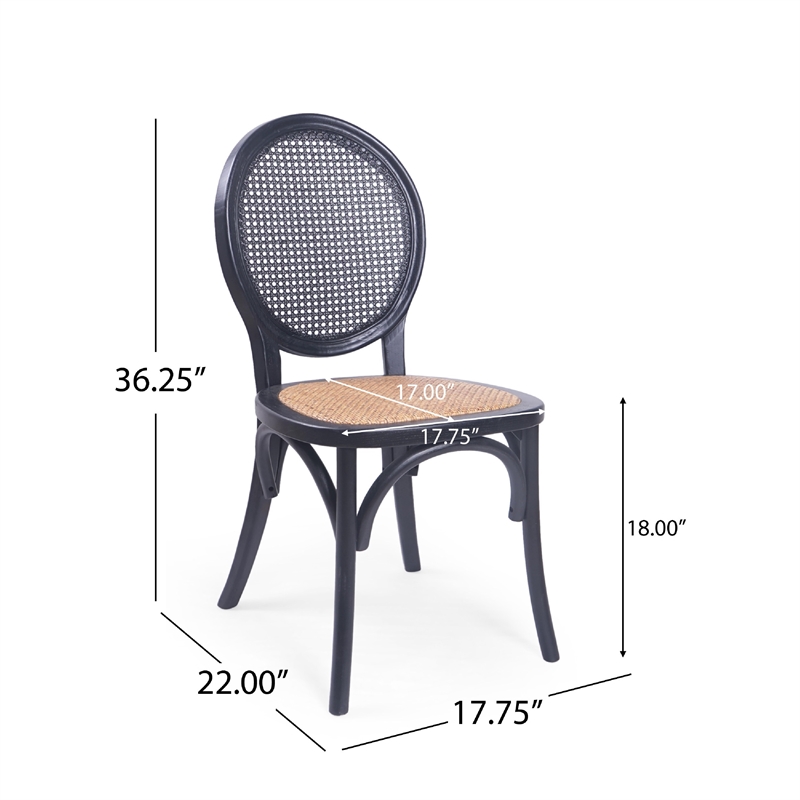Benjara Dining Chair Set of 2- Matte Black Rattan Woven Back and Brown Seat