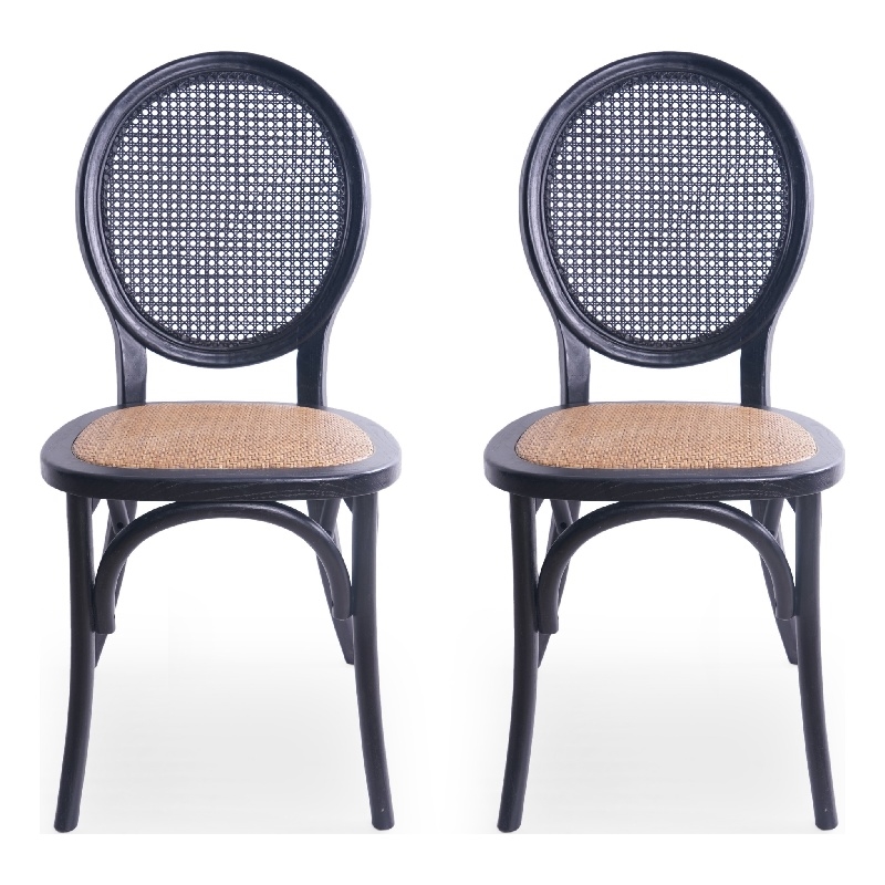 Benjara Dining Chair Set of 2- Matte Black Rattan Woven Back and Brown Seat